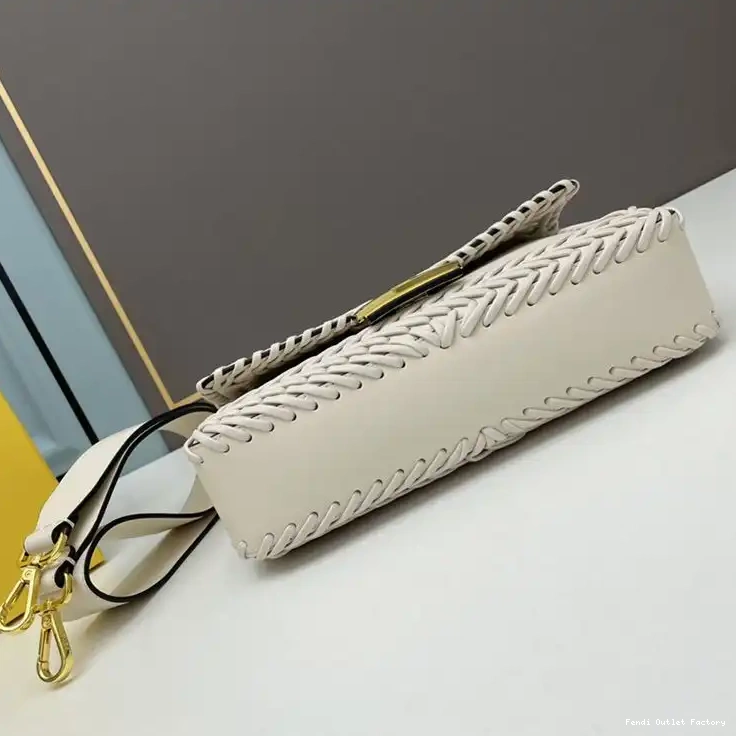 Vintage HOT In Baguette Fendi Bag Leather Medium White Stitching 0607